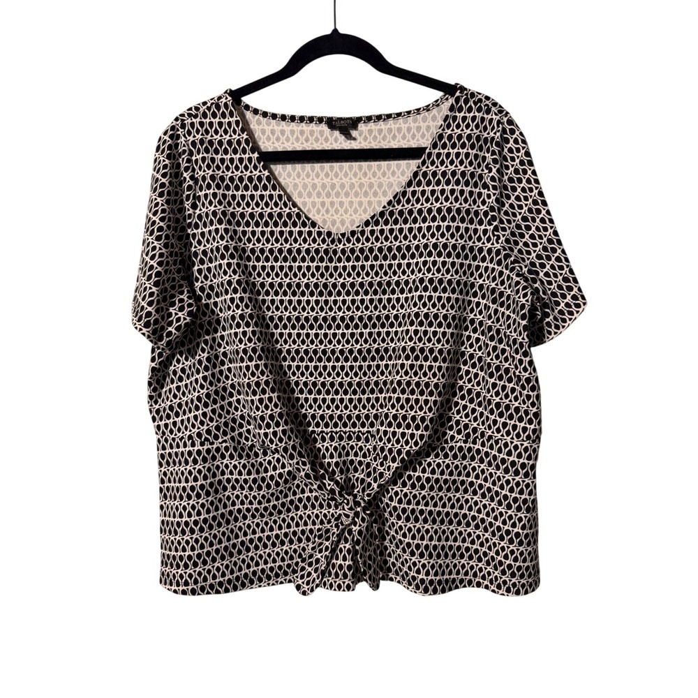 Modern Careerwear Talbots Blouse 2XP Black White Geometric Knot Front Top